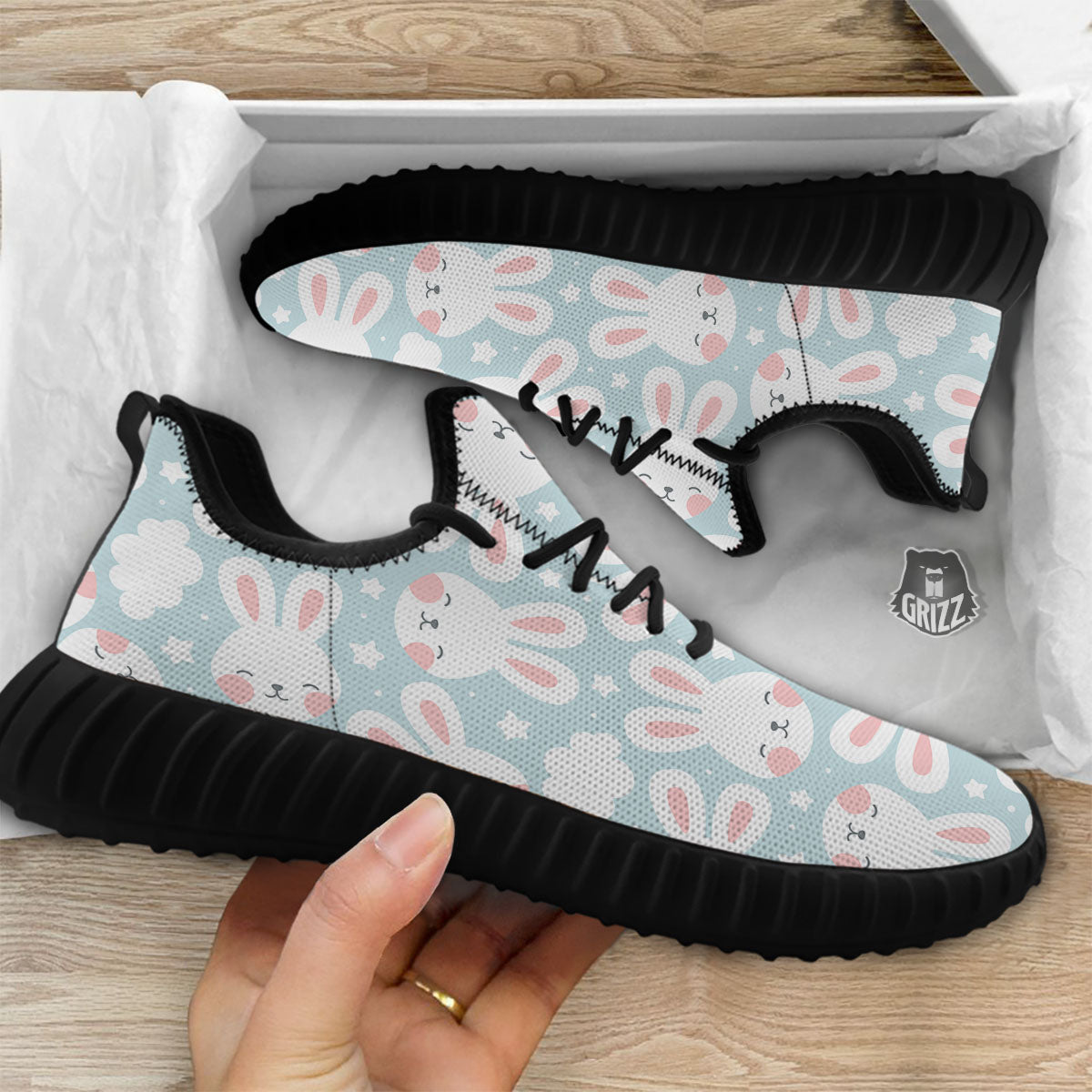 Cloud And Rabbit Print Pattern Black Walking Shoes-grizzshop