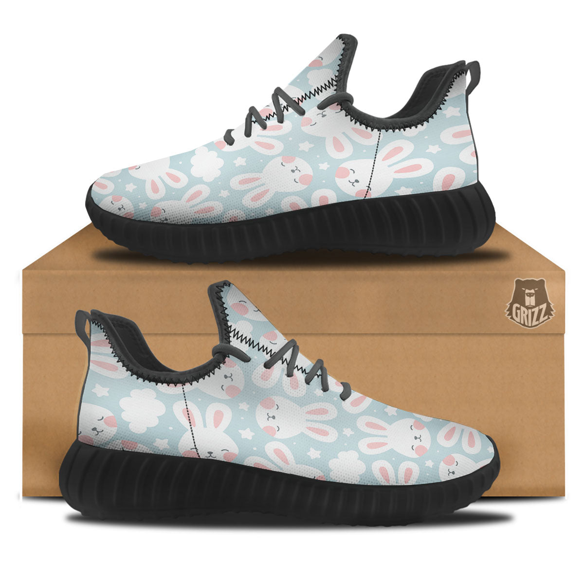 Cloud And Rabbit Print Pattern Black Walking Shoes-grizzshop