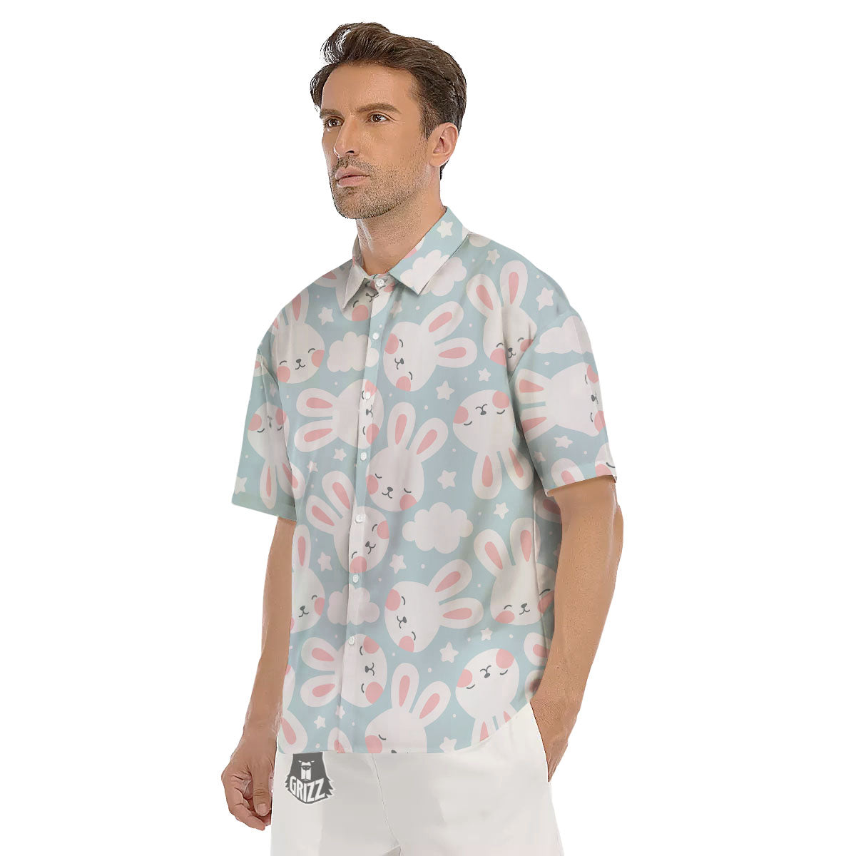 Cloud And Rabbit Print Pattern Men's Short Sleeve Shirts-grizzshop