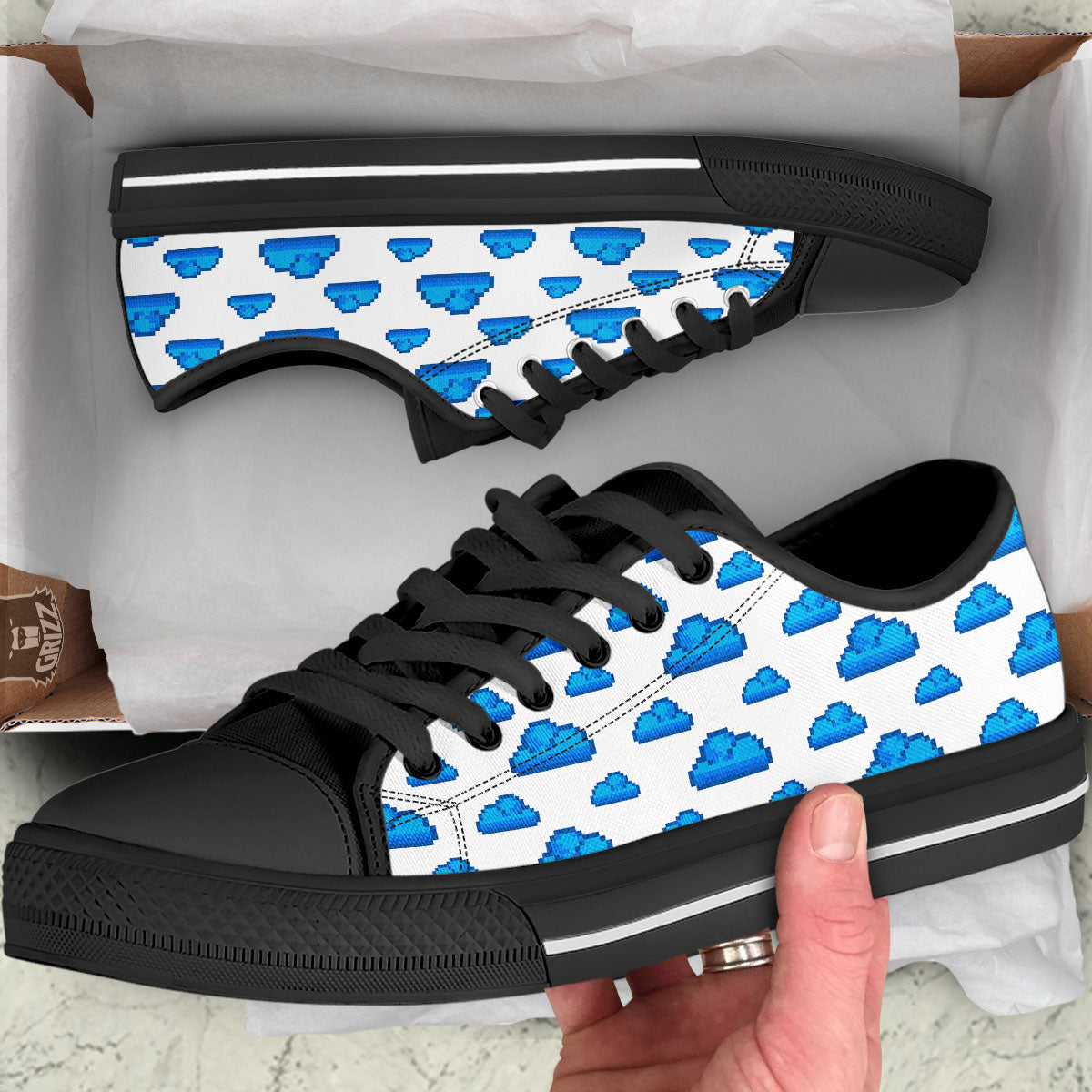 Cloud Pixel Print Pattern Black Low Top Shoes-grizzshop