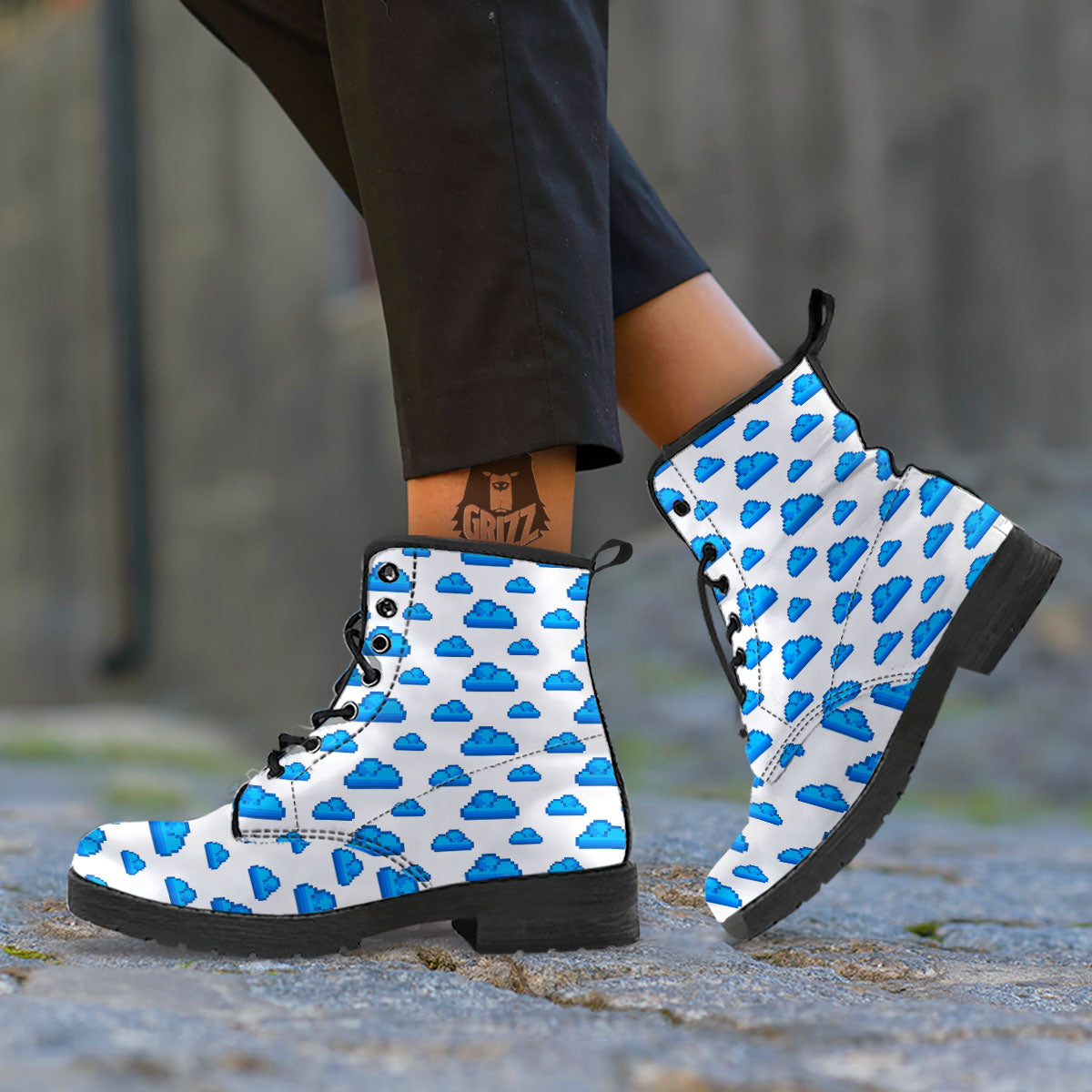 Cloud Pixel Print Pattern Leather Boots-grizzshop