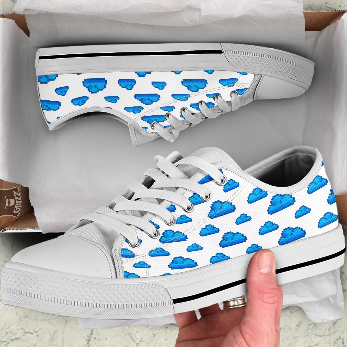 Cloud Pixel Print Pattern White Low Top Shoes-grizzshop