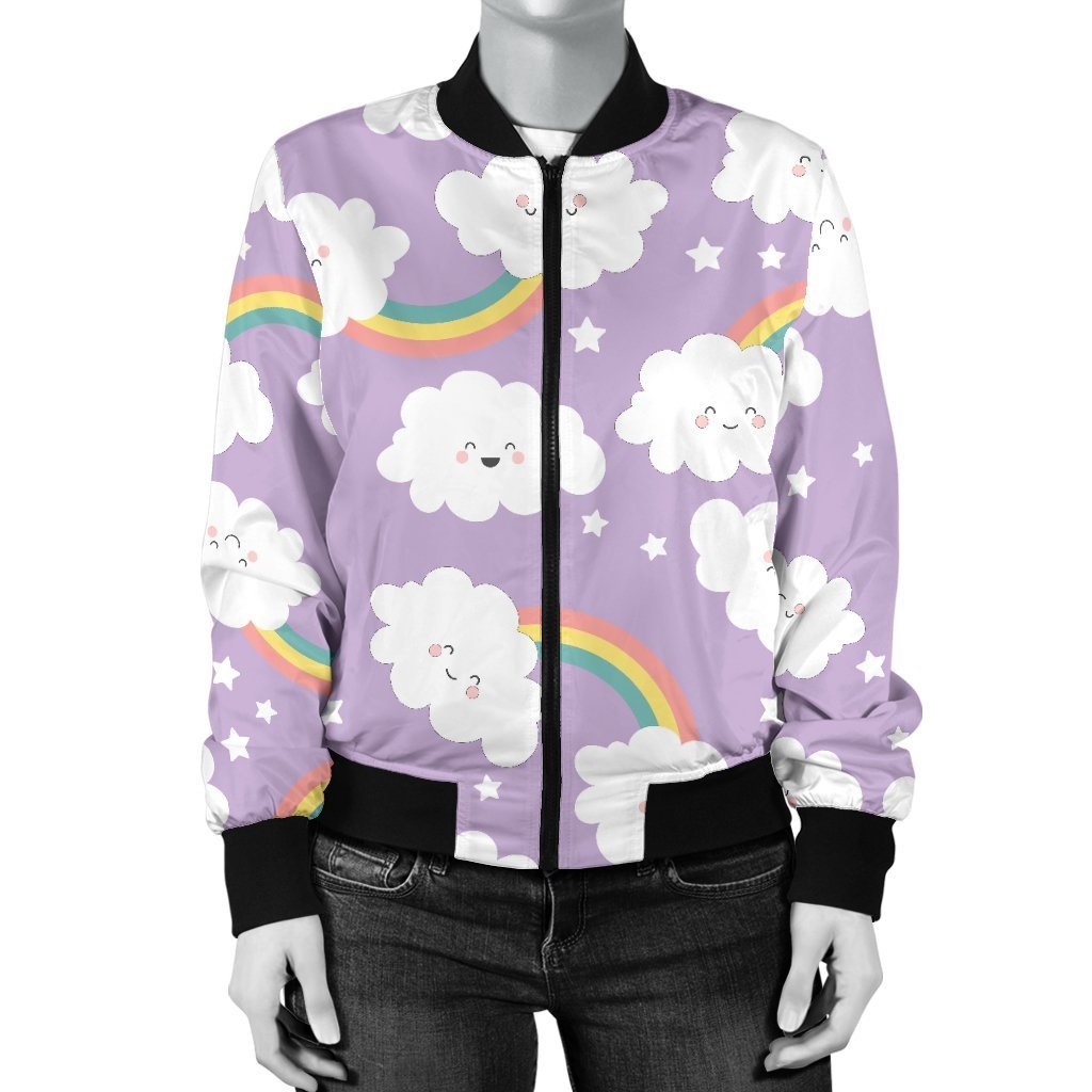 Cloud Smile Pattern Print Women Casual Bomber Jacket-grizzshop