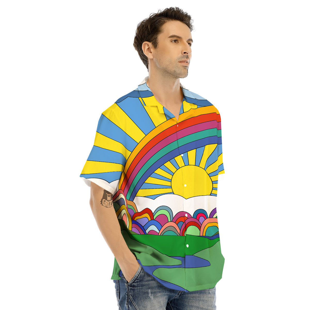 Clouds Rainbows Hippie Art Print Men's Hawaiian Shirt-grizzshop