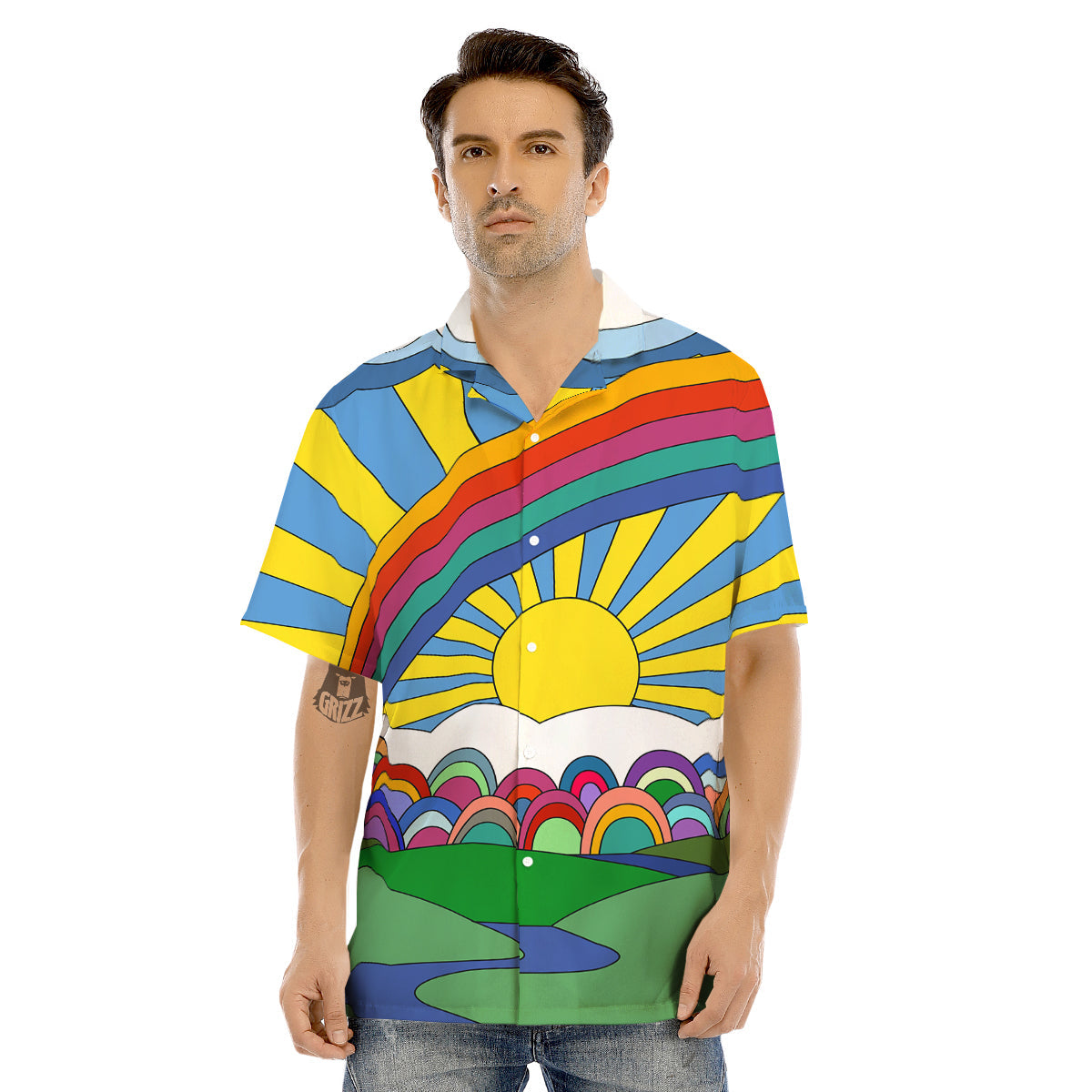 Clouds Rainbows Hippie Art Print Men's Hawaiian Shirt-grizzshop