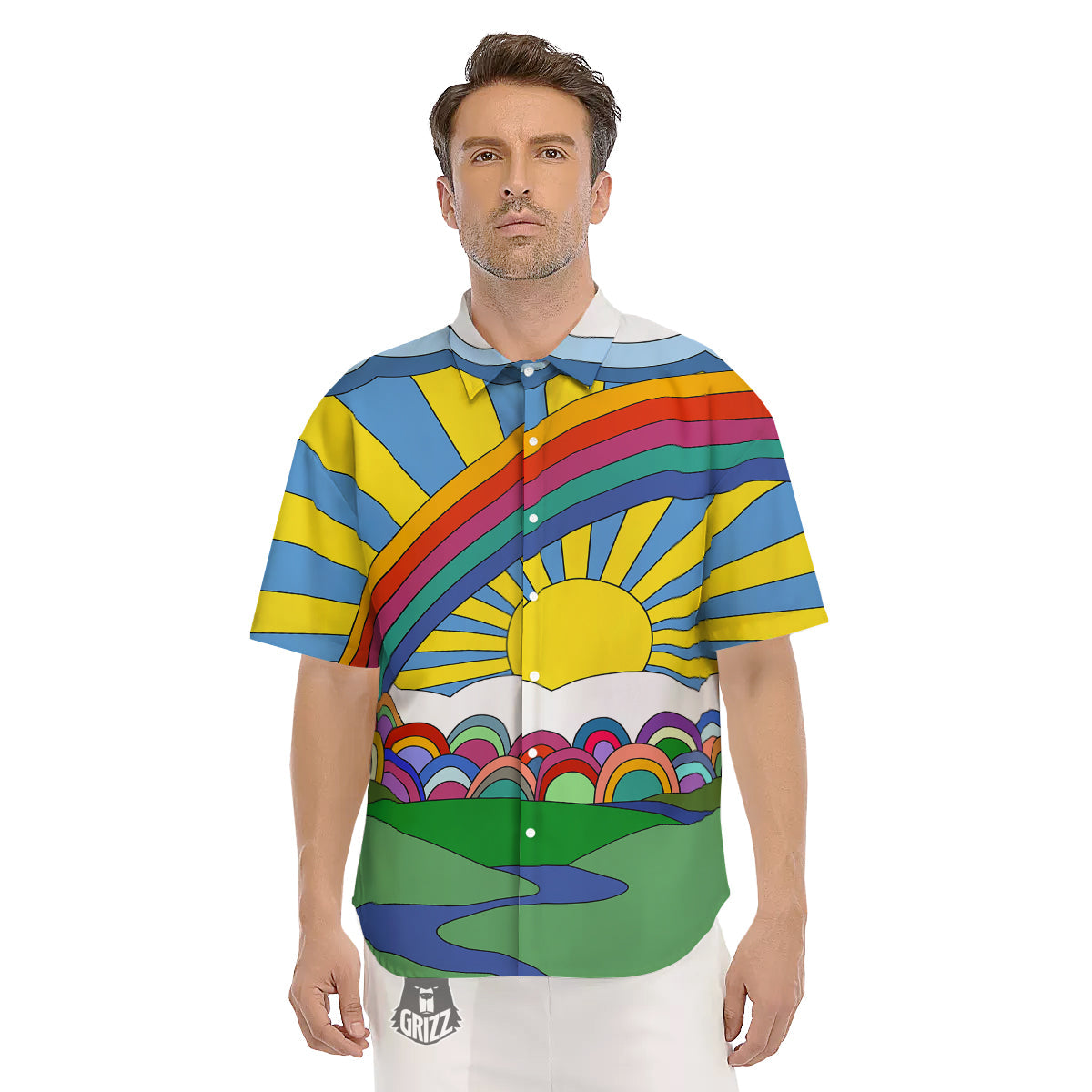 Clouds Rainbows Hippie Art Print Men's Short Sleeve Shirts-grizzshop