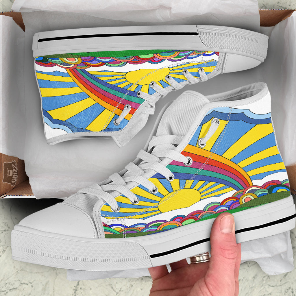 Clouds Rainbows Hippie Art Print White High Top Shoes-grizzshop