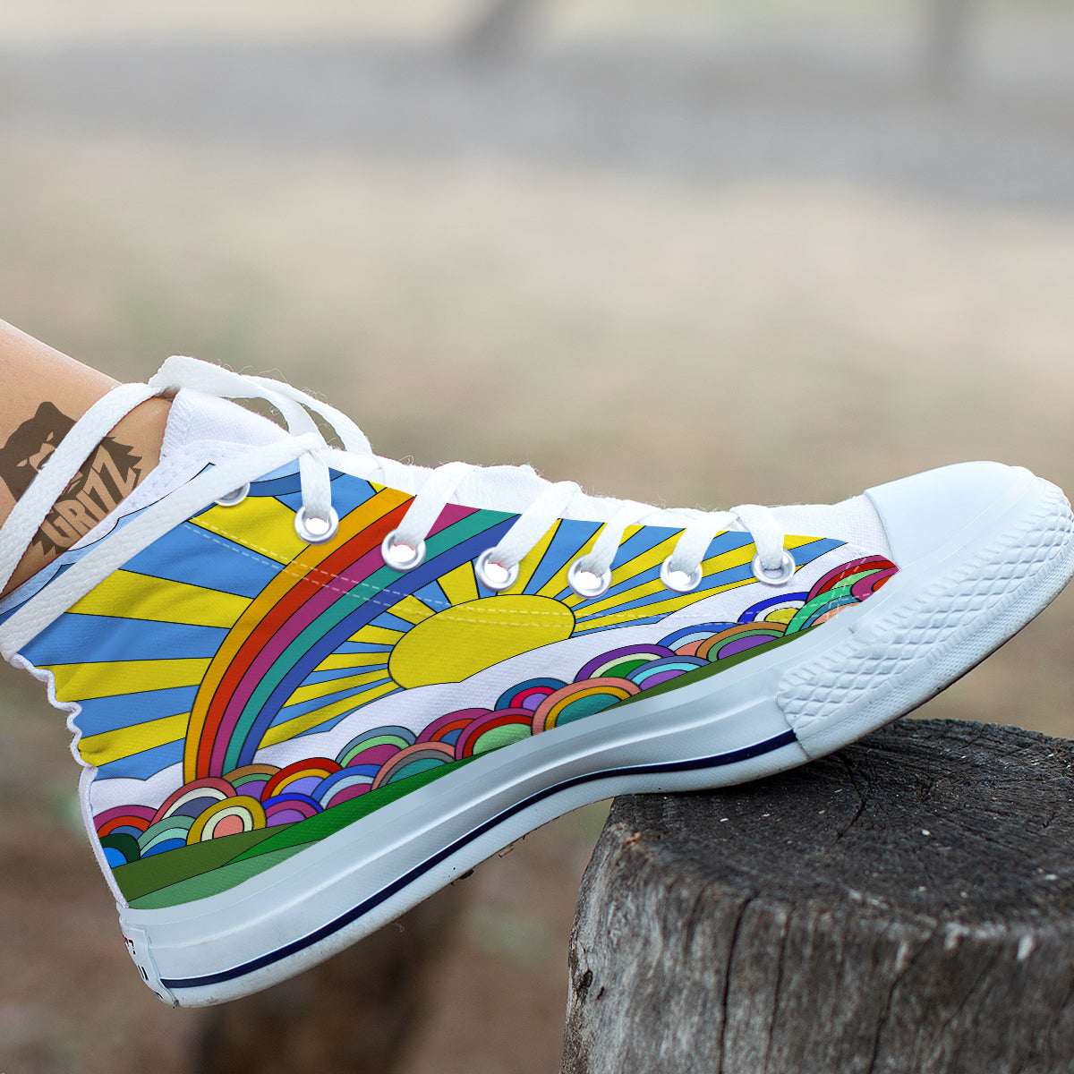 Clouds Rainbows Hippie Art Print White High Top Shoes-grizzshop
