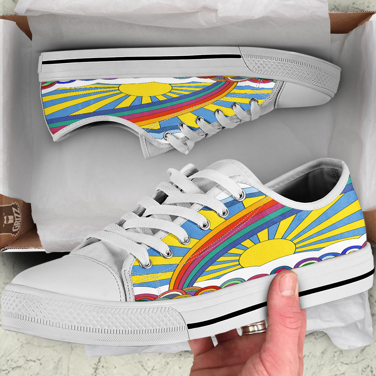Clouds Rainbows Hippie Art Print White Low Top Shoes-grizzshop