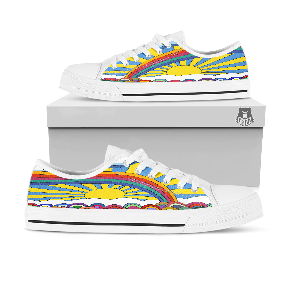 Clouds Rainbows Hippie Art Print White Low Top Shoes-grizzshop