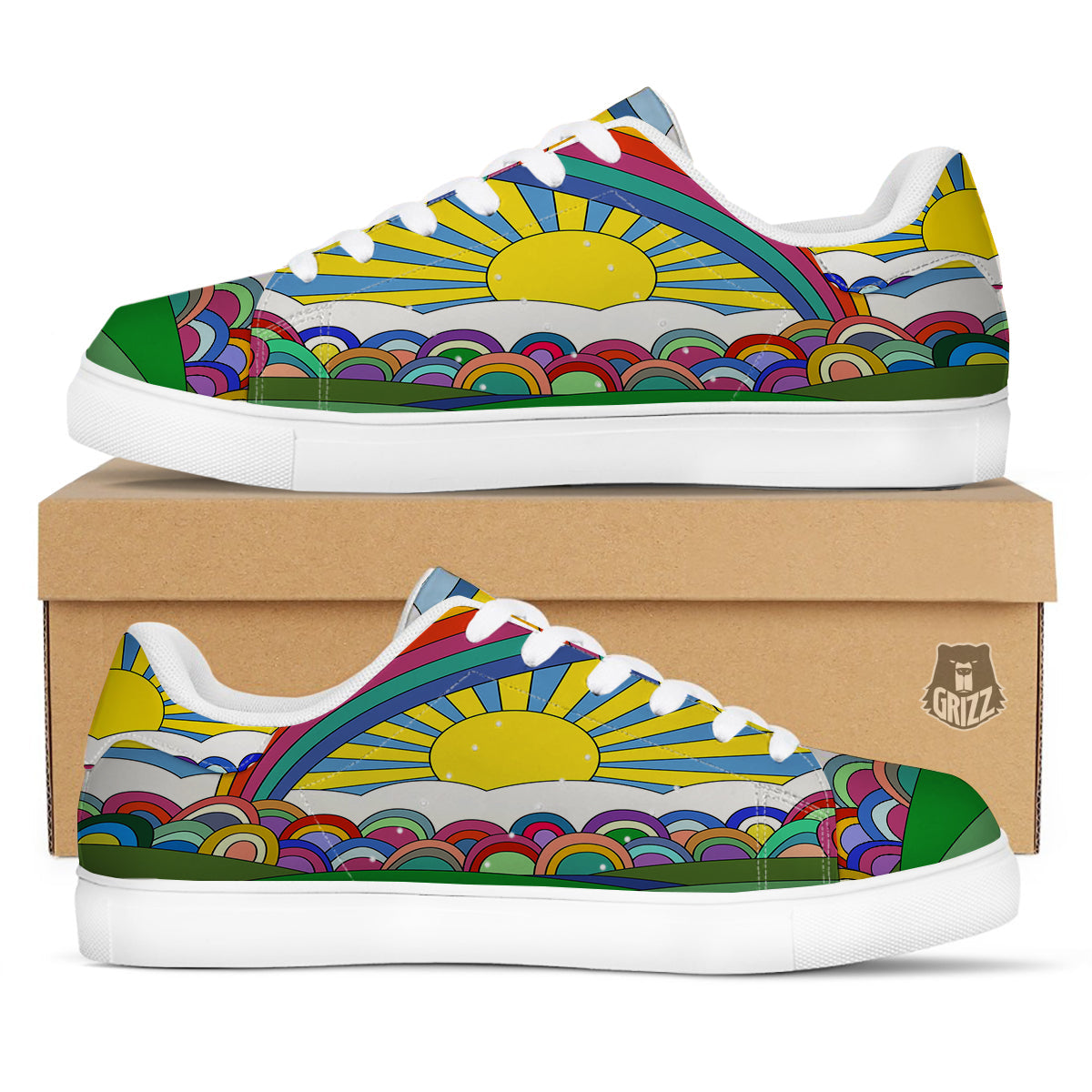 Clouds Rainbows Hippie Art Print White Low Top Sneakers-grizzshop