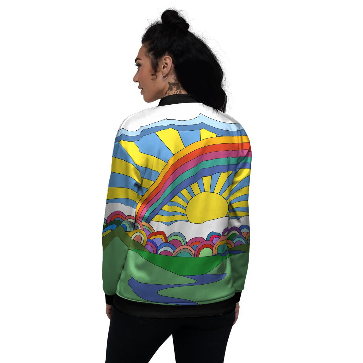 Clouds Rainbows Hippie Art Print Women's Bomber Jacket-grizzshop