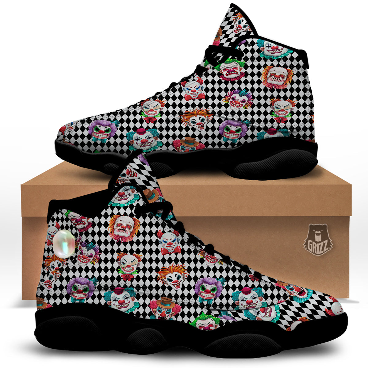 Clown Faces And Harlequin Black Print Pattern Black Basketball Shoes-grizzshop