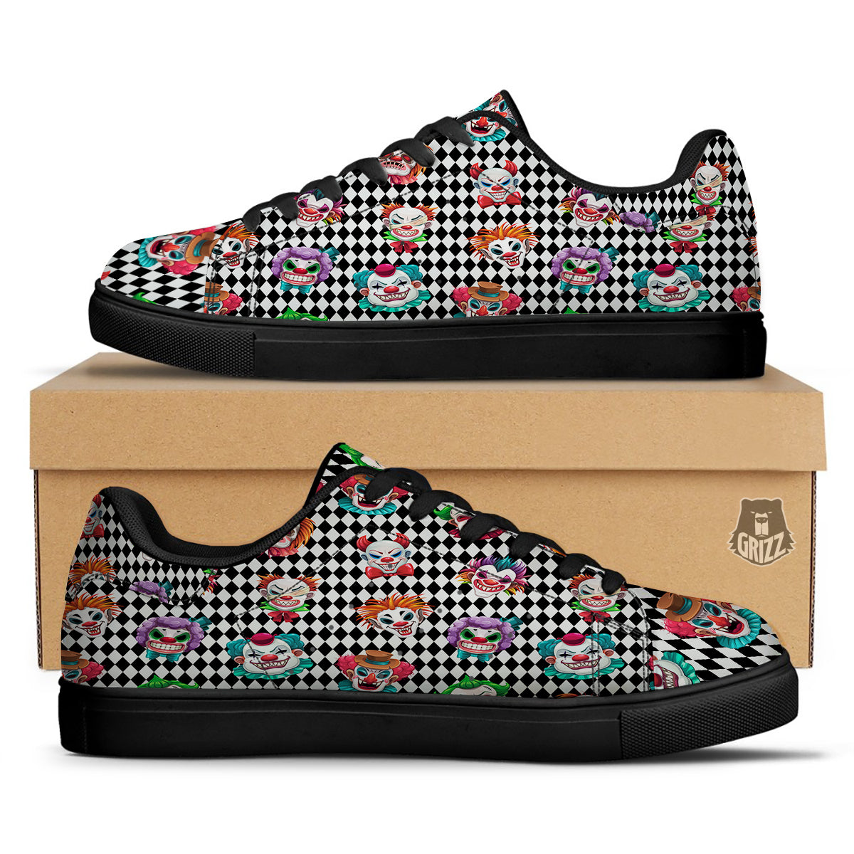 Clown Faces And Harlequin Black Print Pattern Black Low Top Sneakers-grizzshop