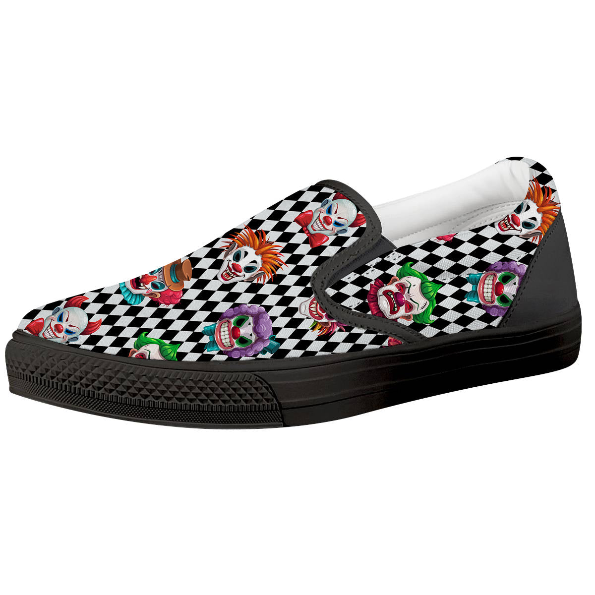 Clown Faces And Harlequin Black Print Pattern Black Slip On Shoes-grizzshop