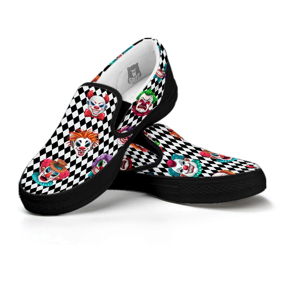 Clown Faces And Harlequin Black Print Pattern Black Slip On Shoes-grizzshop
