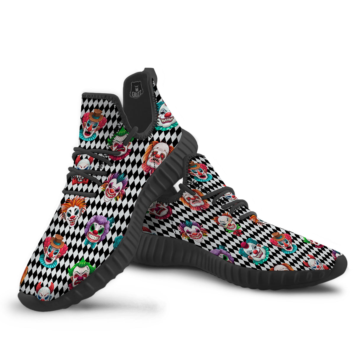 Clown Faces And Harlequin Black Print Pattern Black Walking Shoes-grizzshop