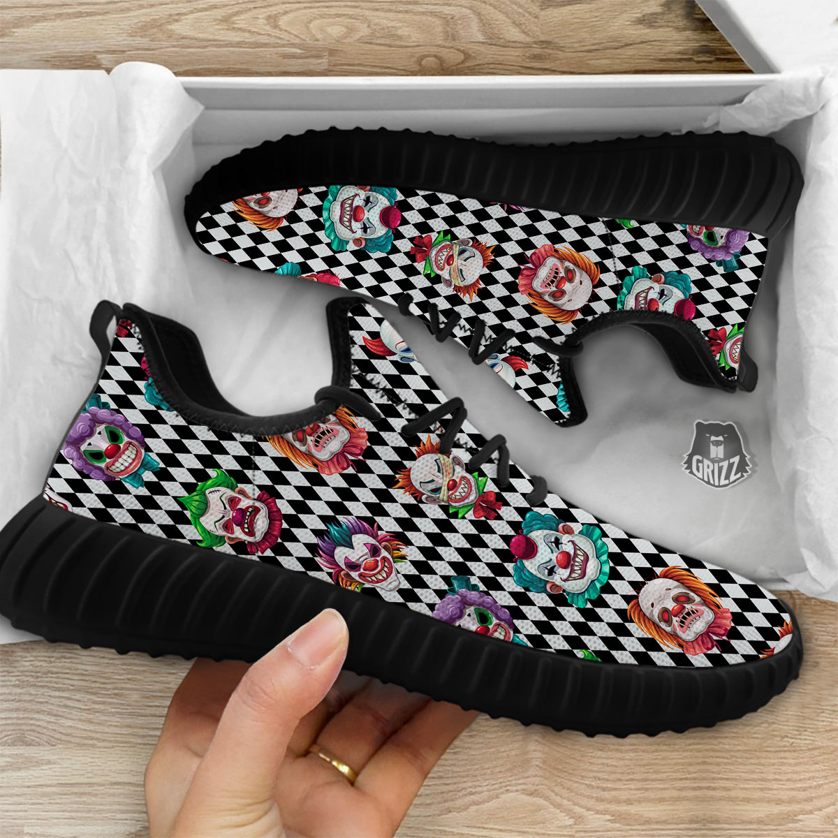Clown Faces And Harlequin Black Print Pattern Black Walking Shoes-grizzshop