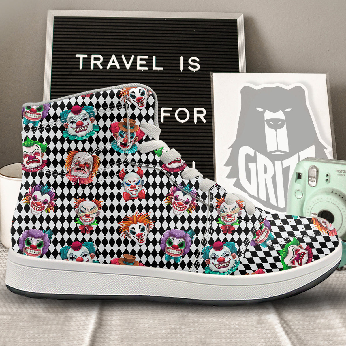 Clown Faces And Harlequin Black Print Pattern High Top Sneakers-grizzshop