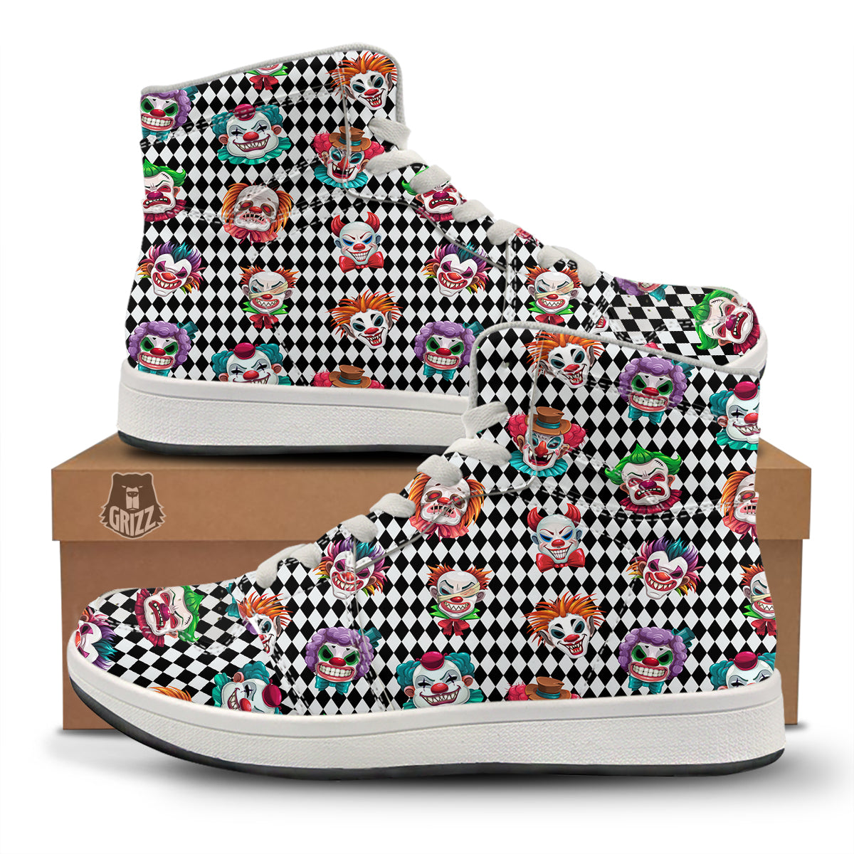 Clown Faces And Harlequin Black Print Pattern High Top Sneakers-grizzshop