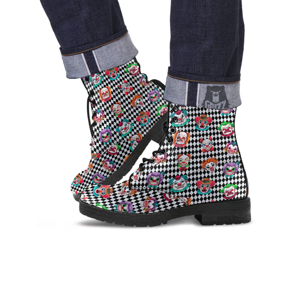 Clown Faces And Harlequin Black Print Pattern Leather Boots-grizzshop
