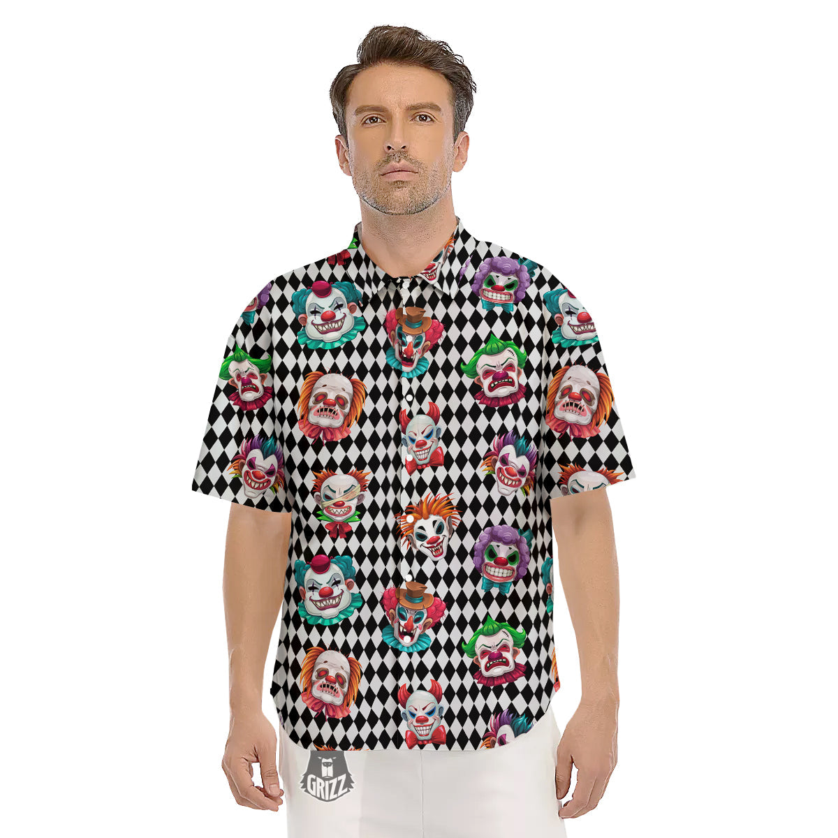 Clown Faces And Harlequin Black Print Pattern Men's Short Sleeve Shirts-grizzshop