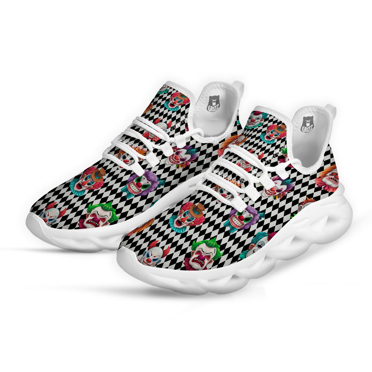 Clown Faces And Harlequin Black Print Pattern White Running Shoes-grizzshop