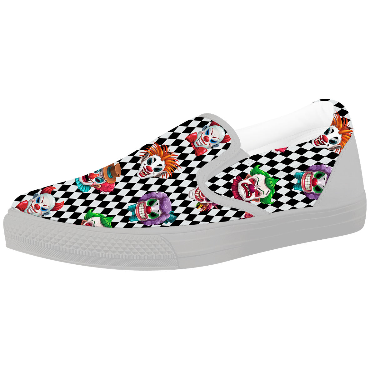 Clown Faces And Harlequin Black Print Pattern White Slip On Shoes-grizzshop
