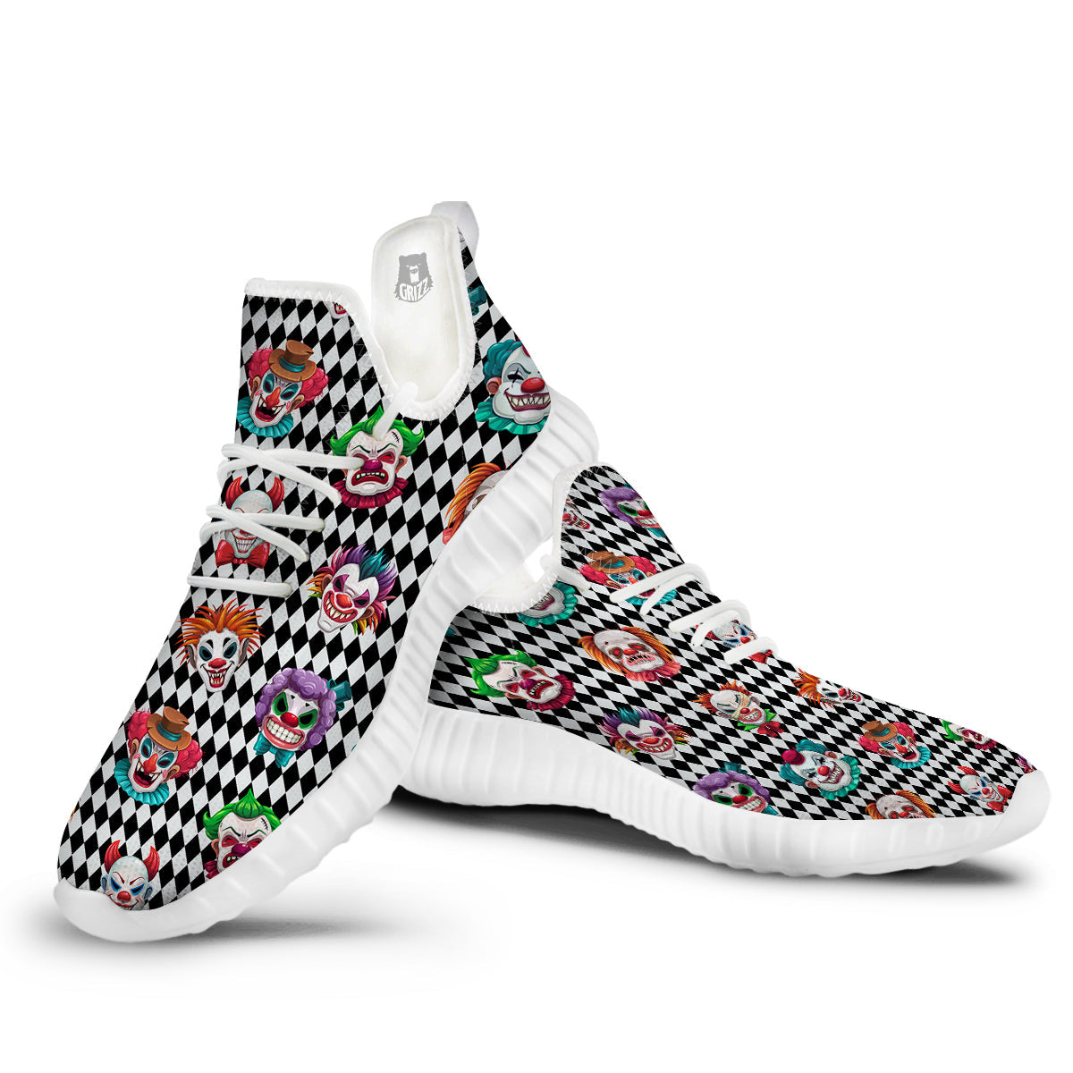 Clown Faces And Harlequin Black Print Pattern White Walking Shoes-grizzshop