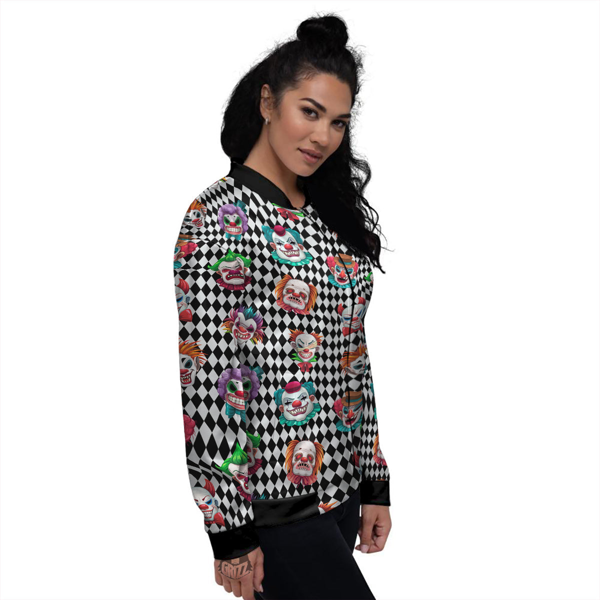 Clown Faces And Harlequin Black Print Pattern Women's Bomber Jacket-grizzshop