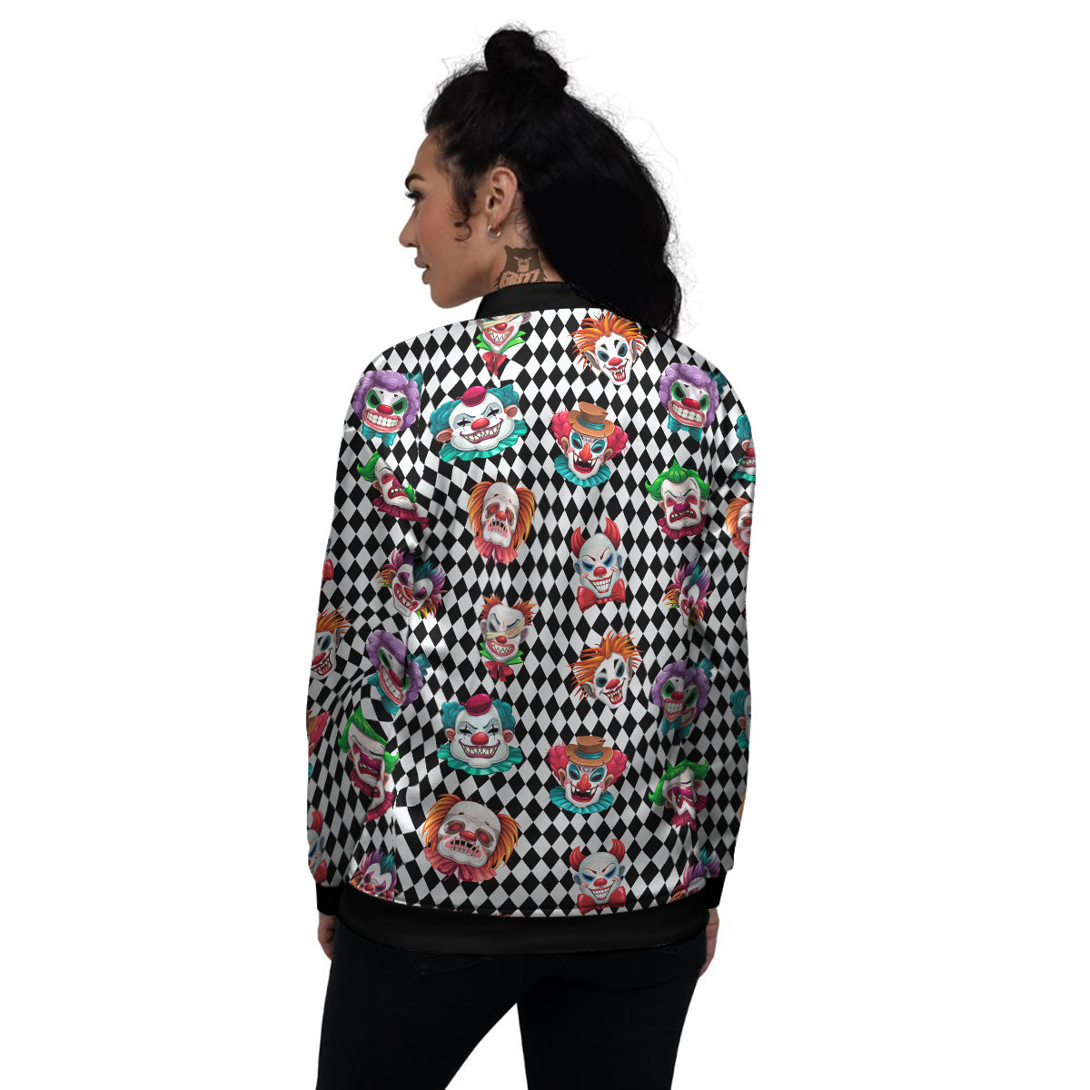 Clown Faces And Harlequin Black Print Pattern Women's Bomber Jacket-grizzshop