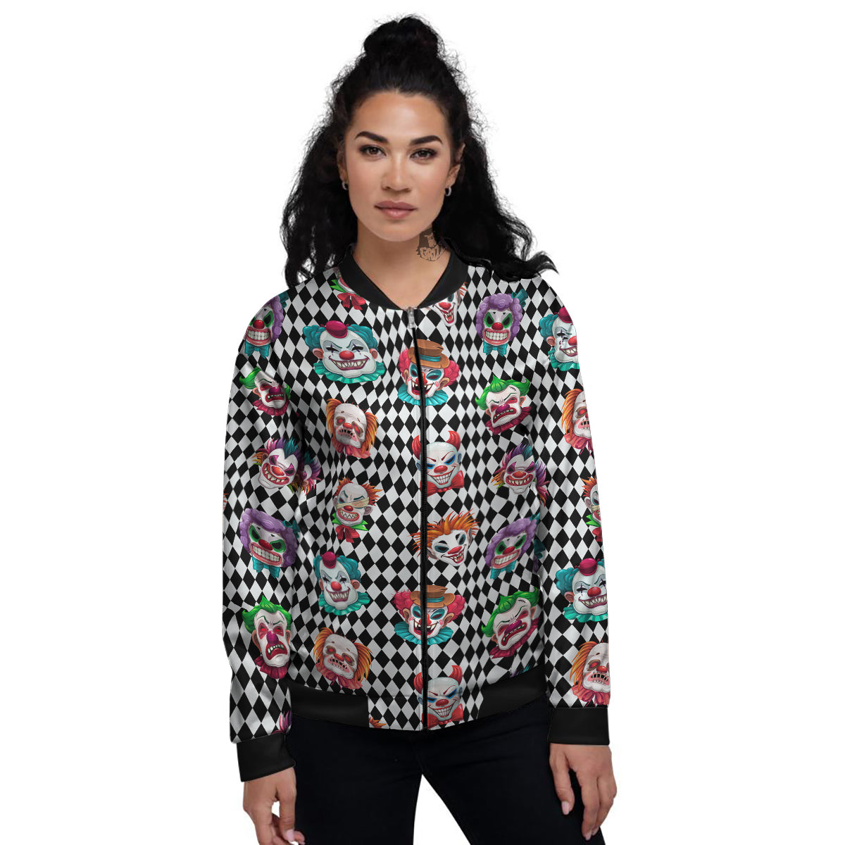 Clown Faces And Harlequin Black Print Pattern Women's Bomber Jacket-grizzshop