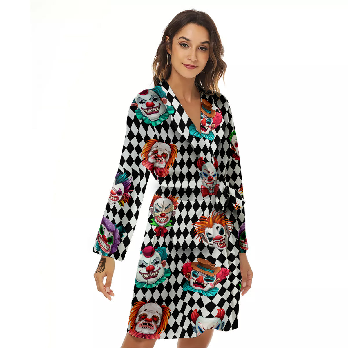 Clown Faces And Harlequin Black Print Pattern Women's Robe-grizzshop