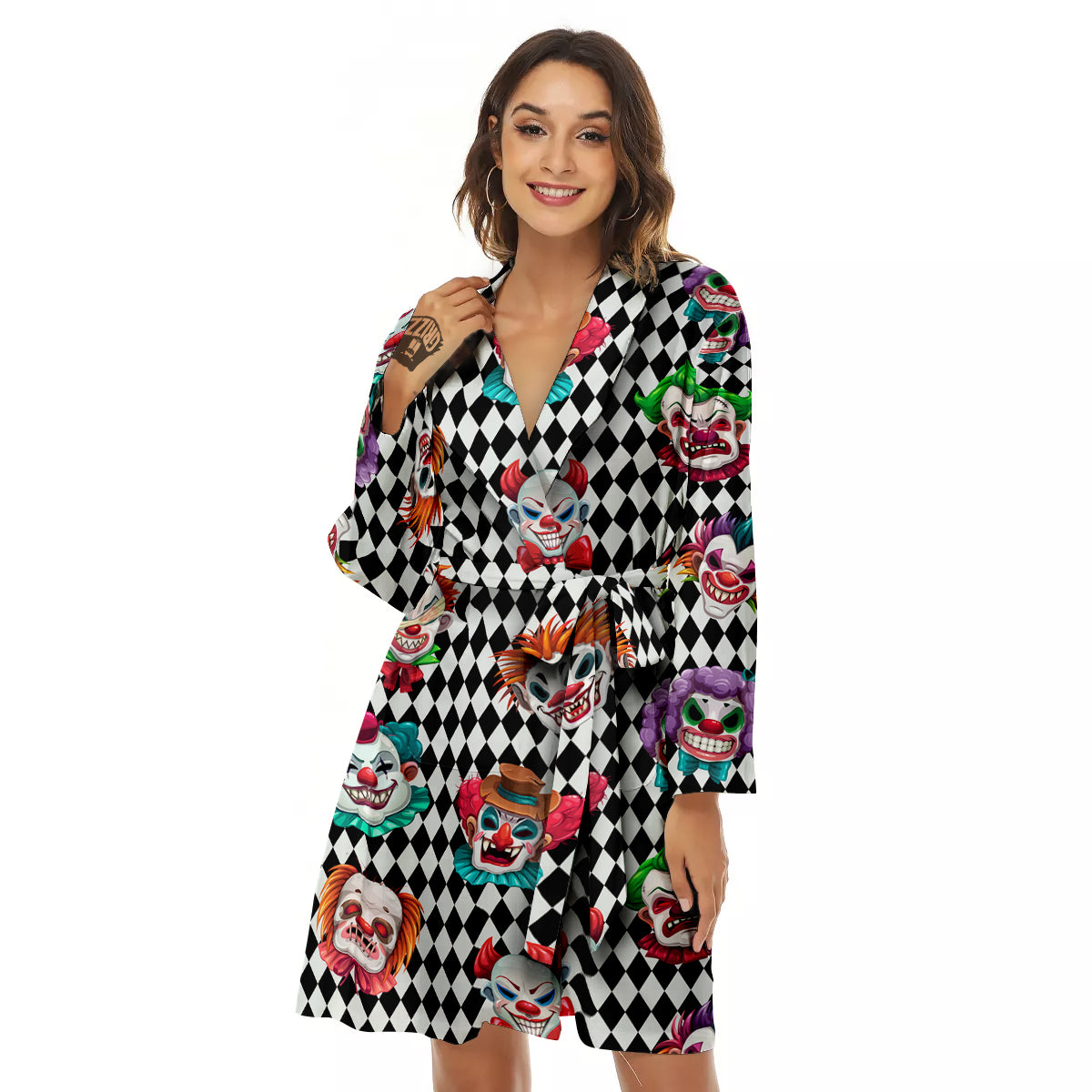 Clown Faces And Harlequin Black Print Pattern Women's Robe-grizzshop