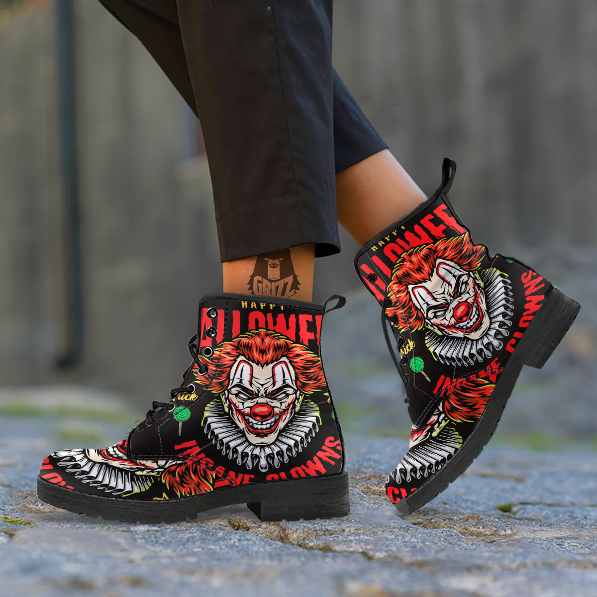 Clown Halloween Print Leather Boots-grizzshop