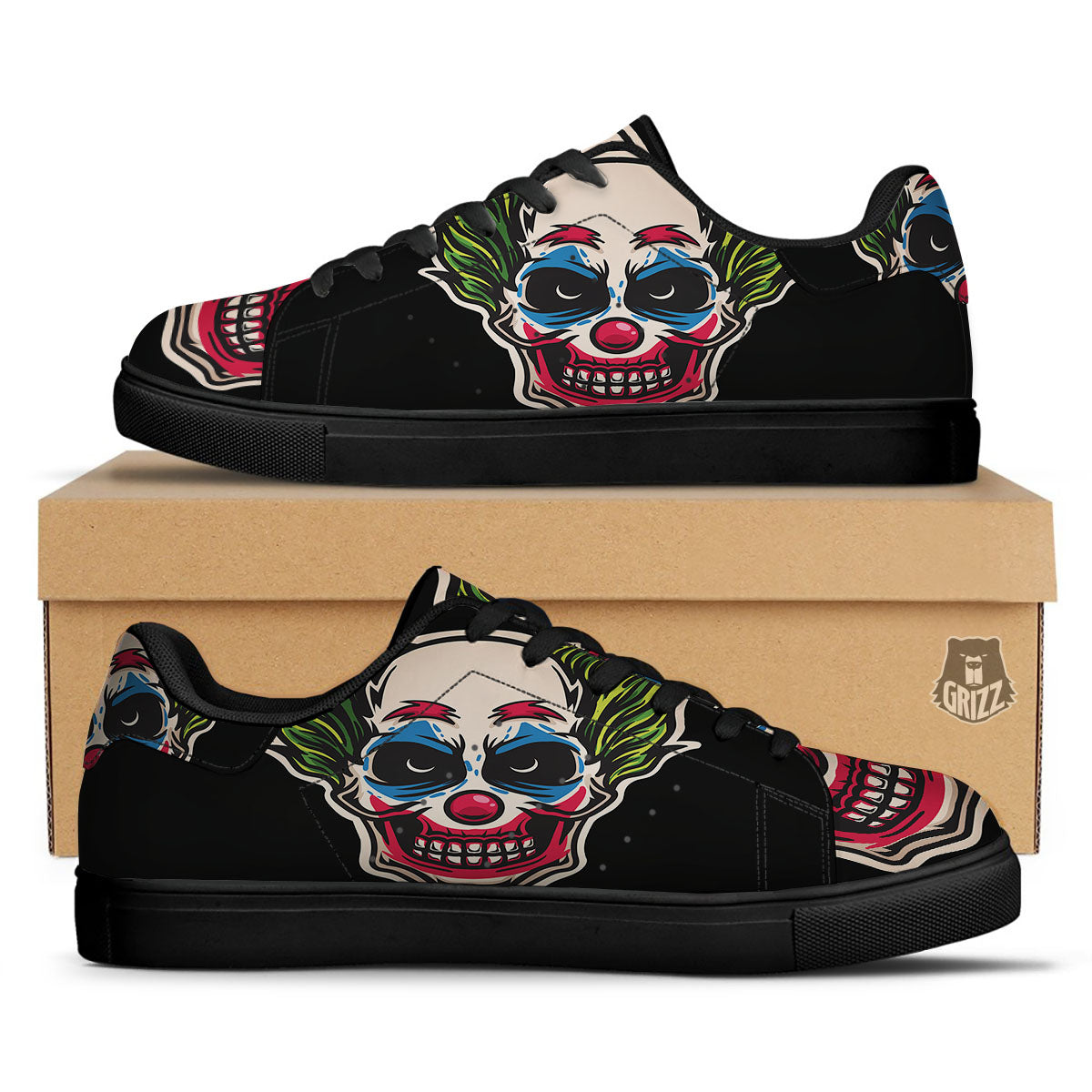 Clown Scary Cartoon Print Black Low Top Sneakers-grizzshop
