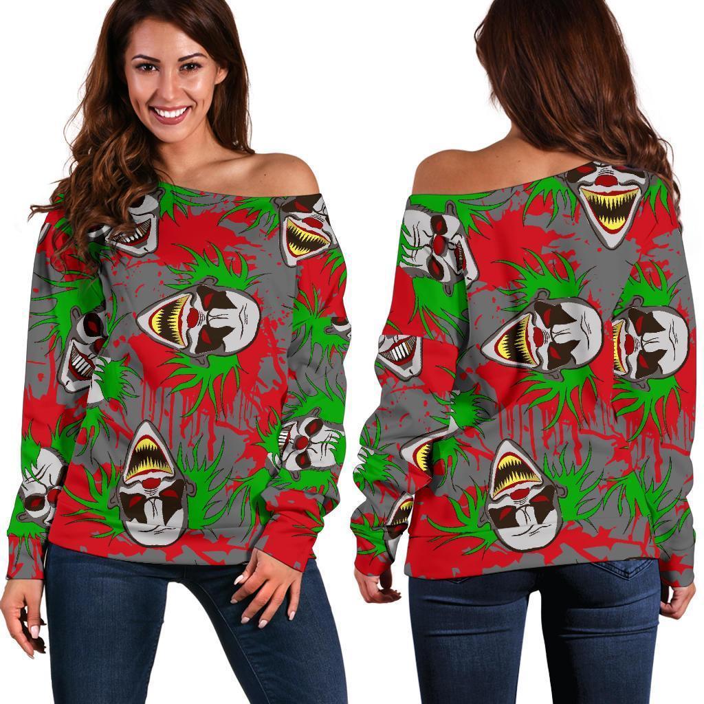 Clown Scary Pattern Print Women Off Shoulder Sweatshirt-grizzshop