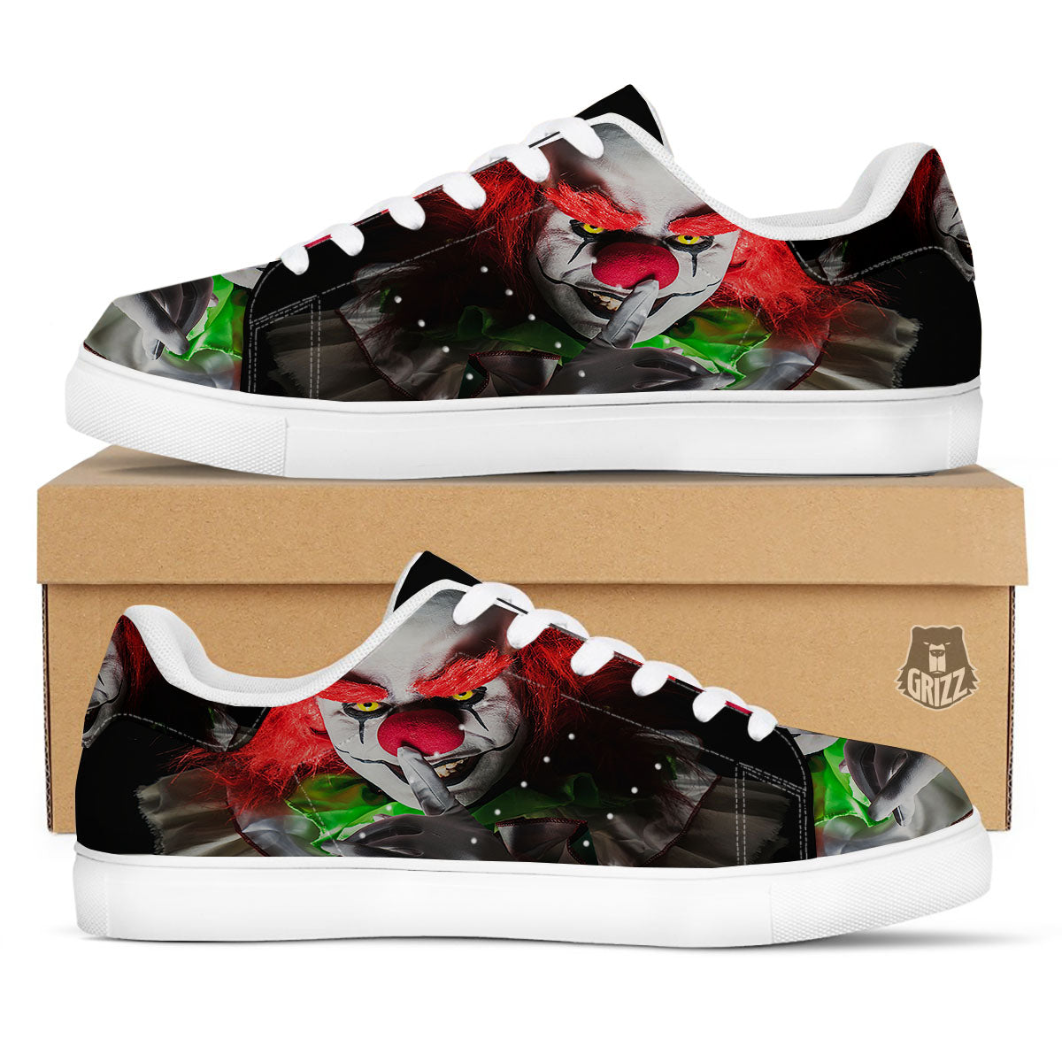 Clown Scary Print White Low Top Sneakers-grizzshop