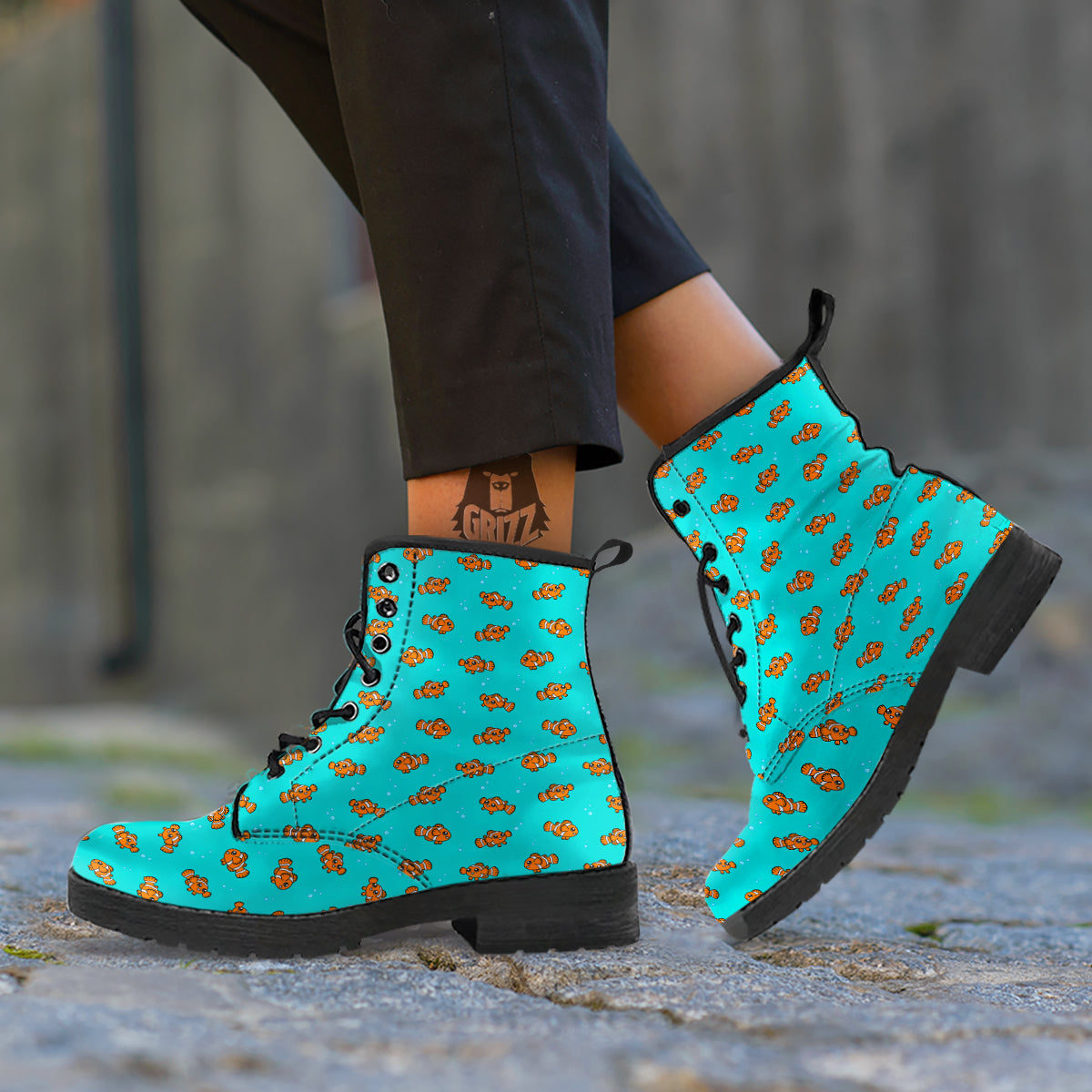 Clownfish Cute Watercolor Blue Print Pattern Leather Boots-grizzshop