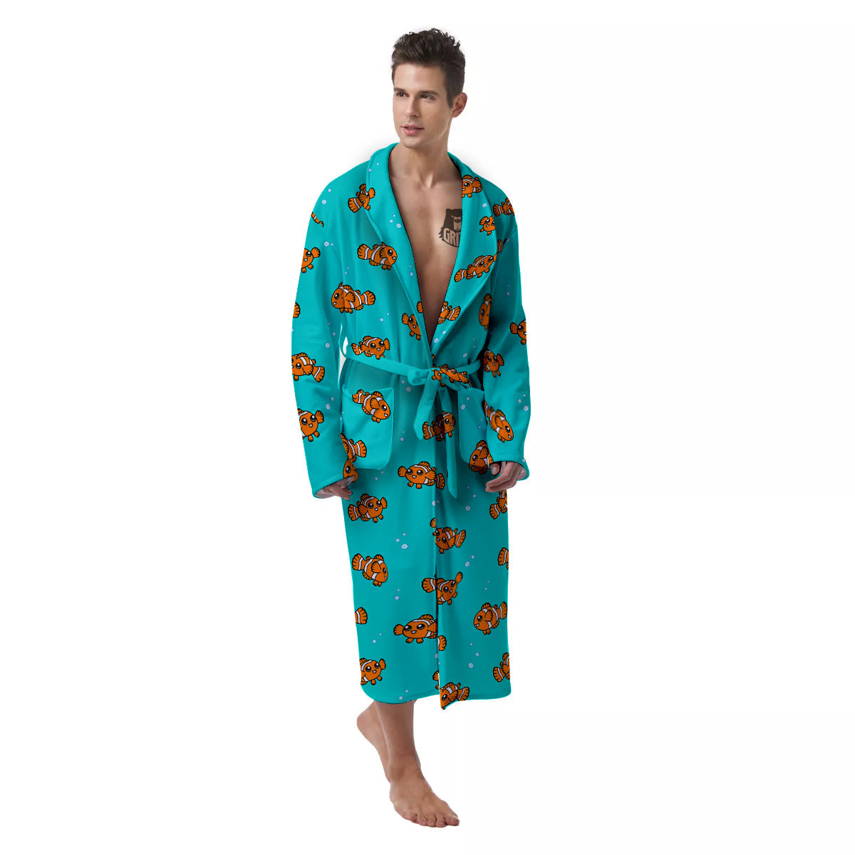 Clownfish Cute Watercolor Blue Print Pattern Men's Robe-grizzshop