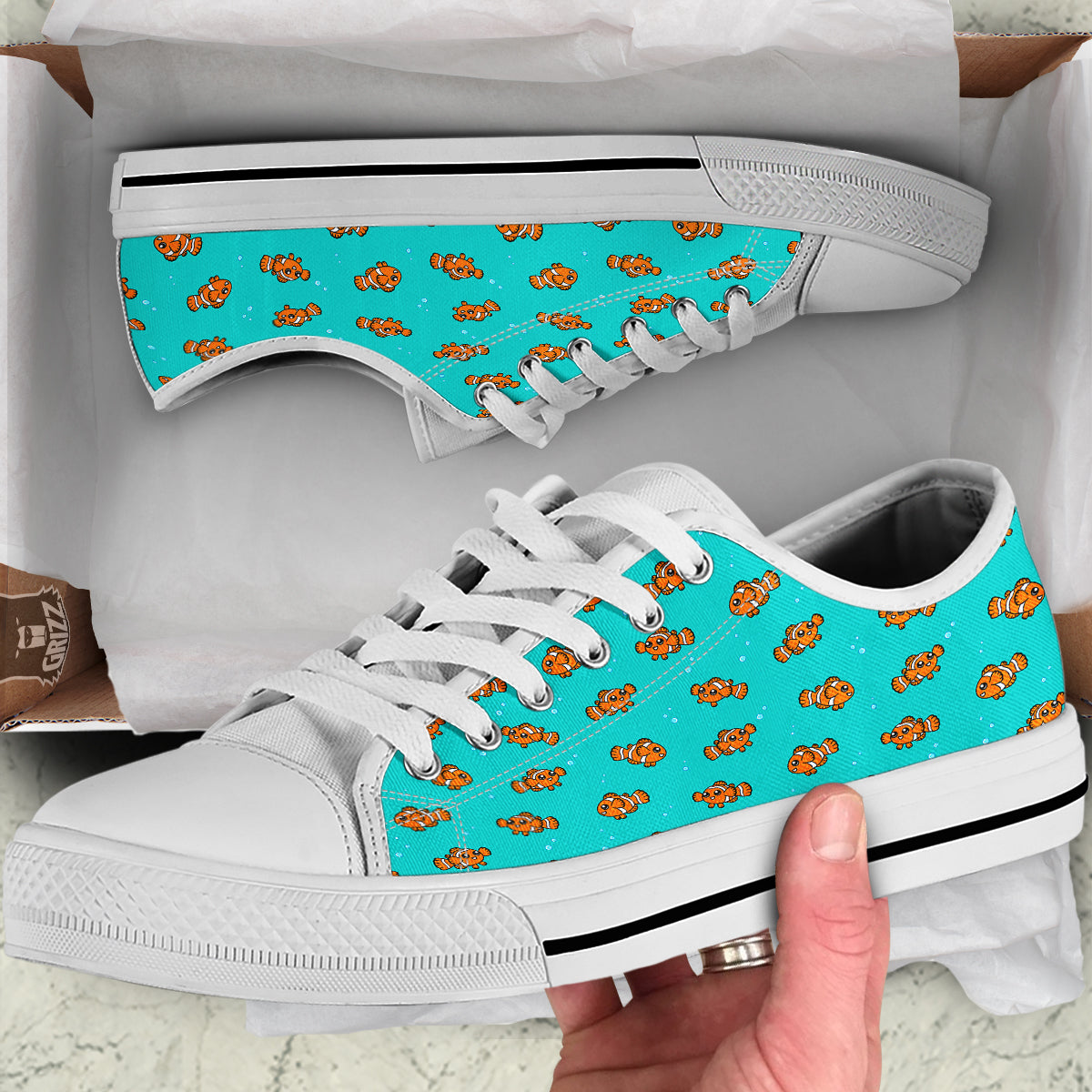 Clownfish Cute Watercolor Blue Print Pattern White Low Top Shoes-grizzshop