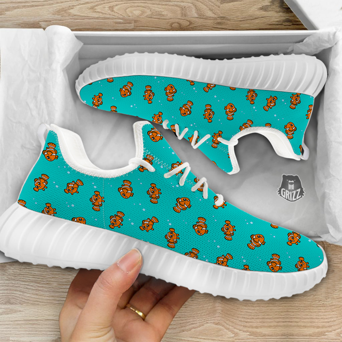 Clownfish Cute Watercolor Blue Print Pattern White Walking Shoes-grizzshop