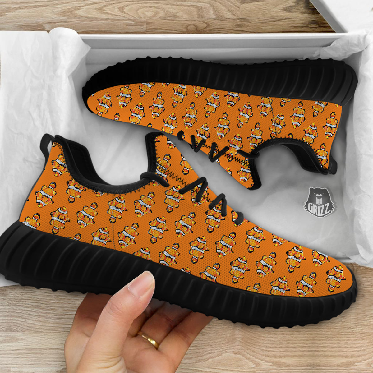 Clownfish Orange Print Pattern Black Walking Shoes-grizzshop