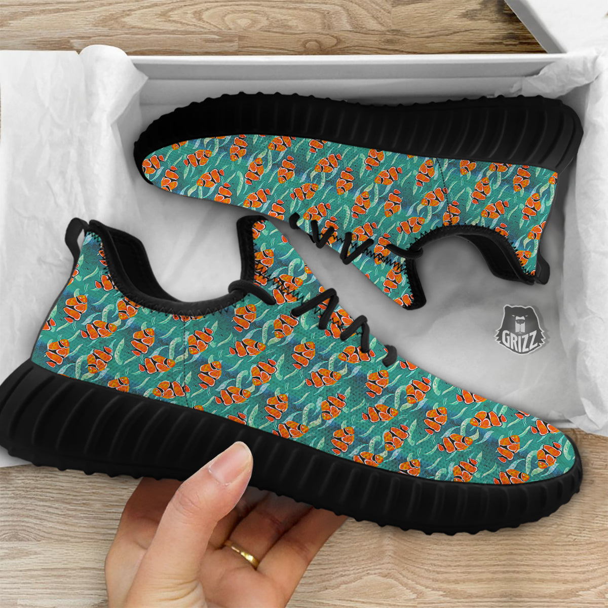 Clownfish Watercolor Blue Print Pattern Black Walking Shoes-grizzshop