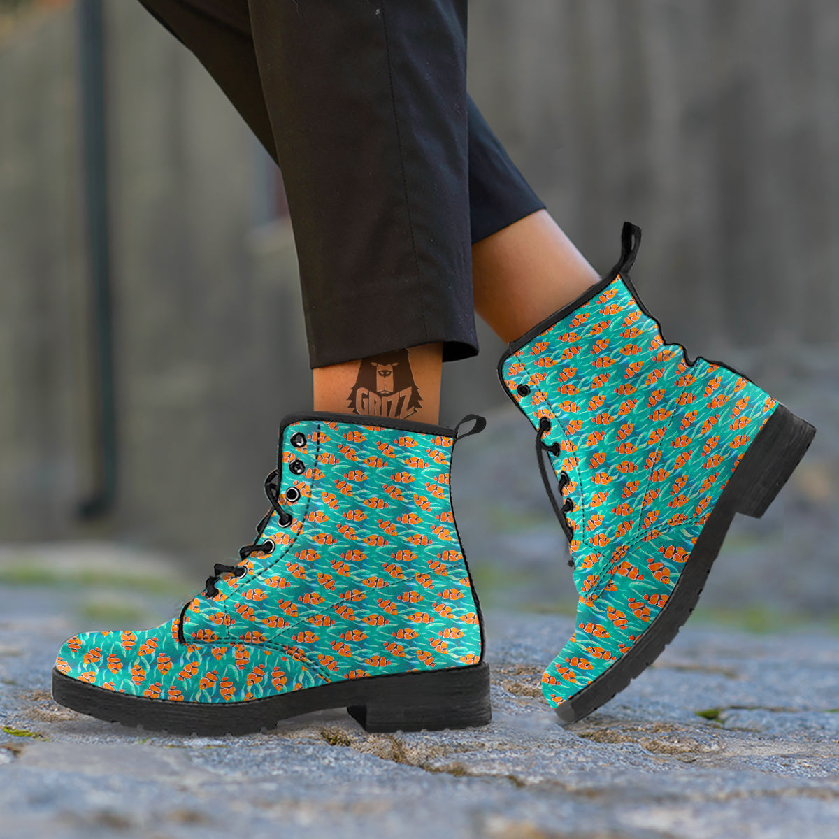Clownfish Watercolor Blue Print Pattern Leather Boots-grizzshop