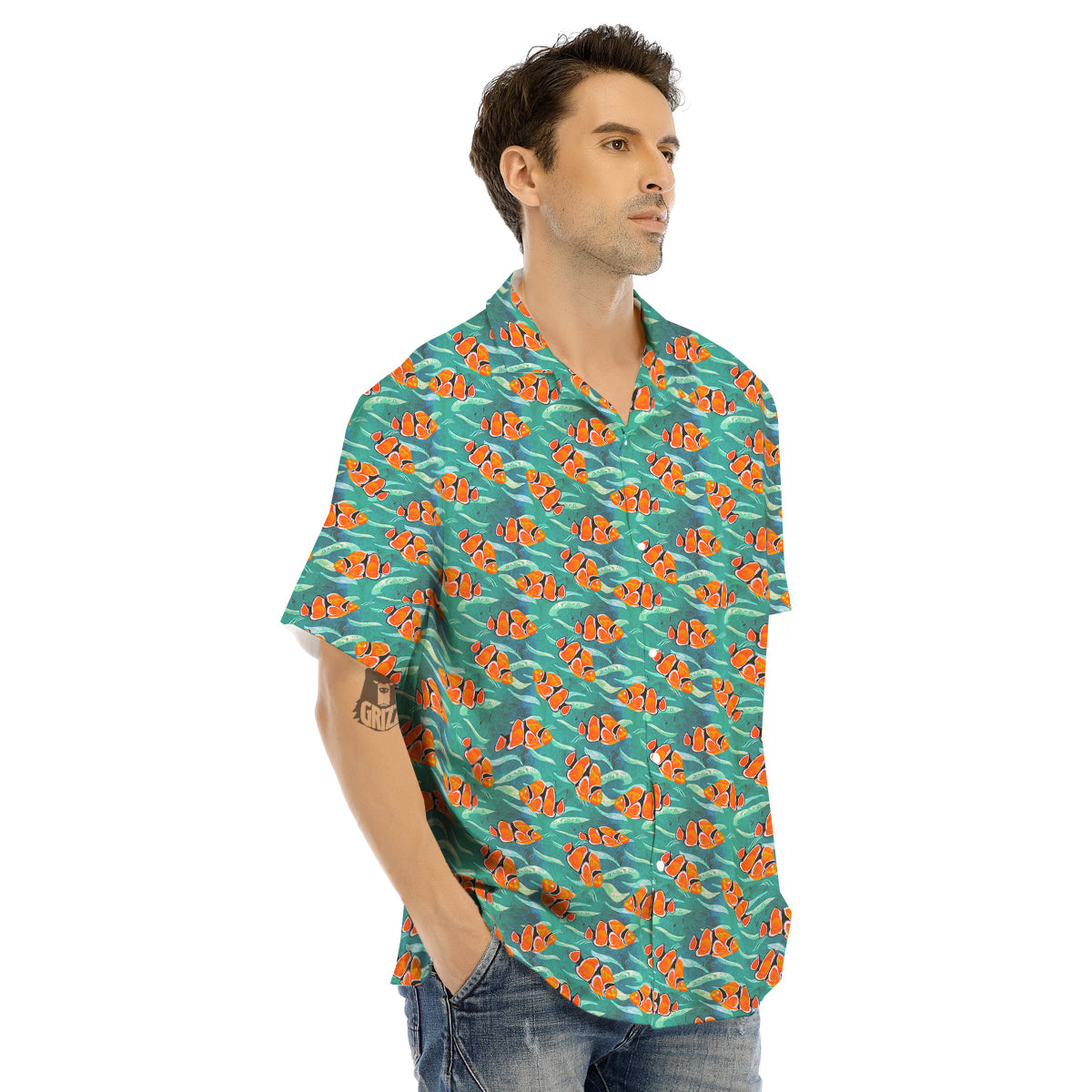 Clownfish Watercolor Blue Print Pattern Men's Hawaiian Shirt-grizzshop