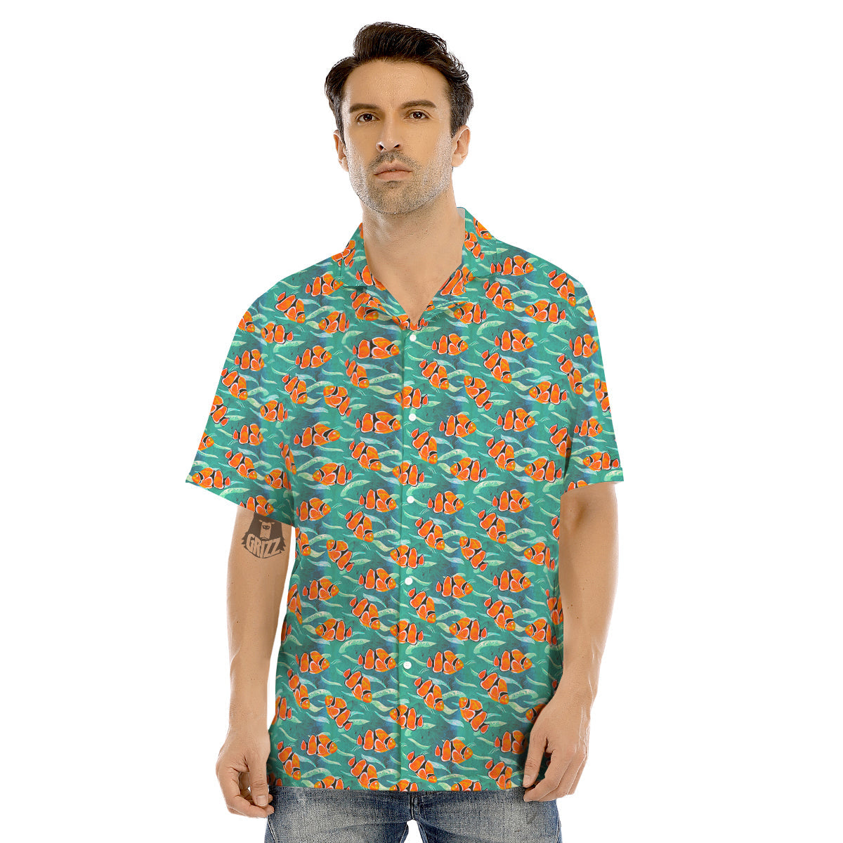 Clownfish Watercolor Blue Print Pattern Men's Hawaiian Shirt-grizzshop