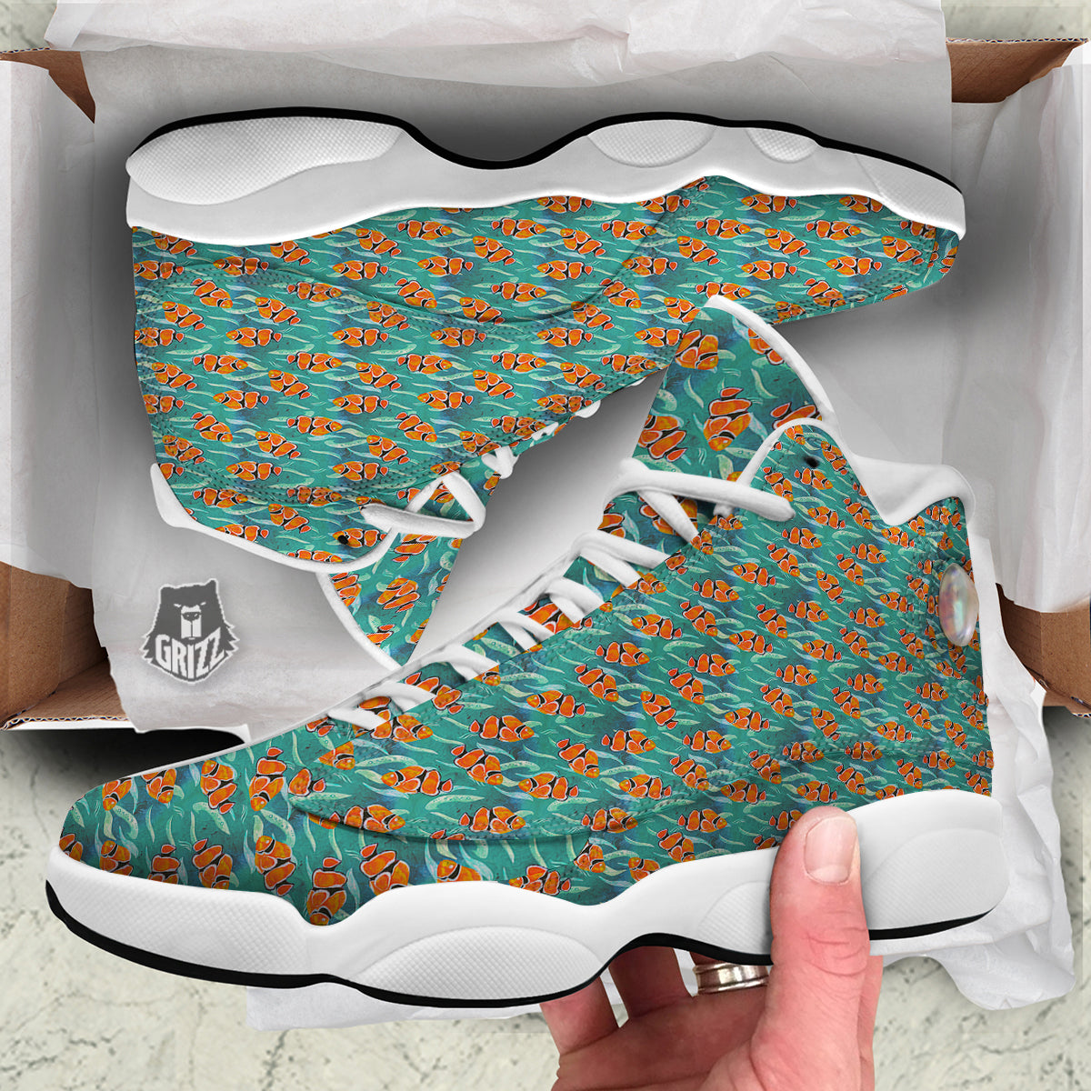 Clownfish Watercolor Blue Print Pattern White Basketball Shoes-grizzshop
