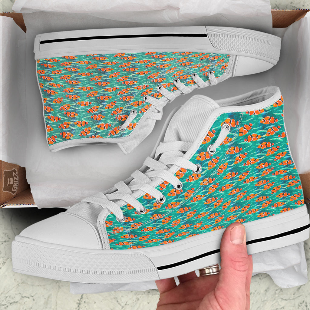 Clownfish Watercolor Blue Print Pattern White High Top Shoes-grizzshop