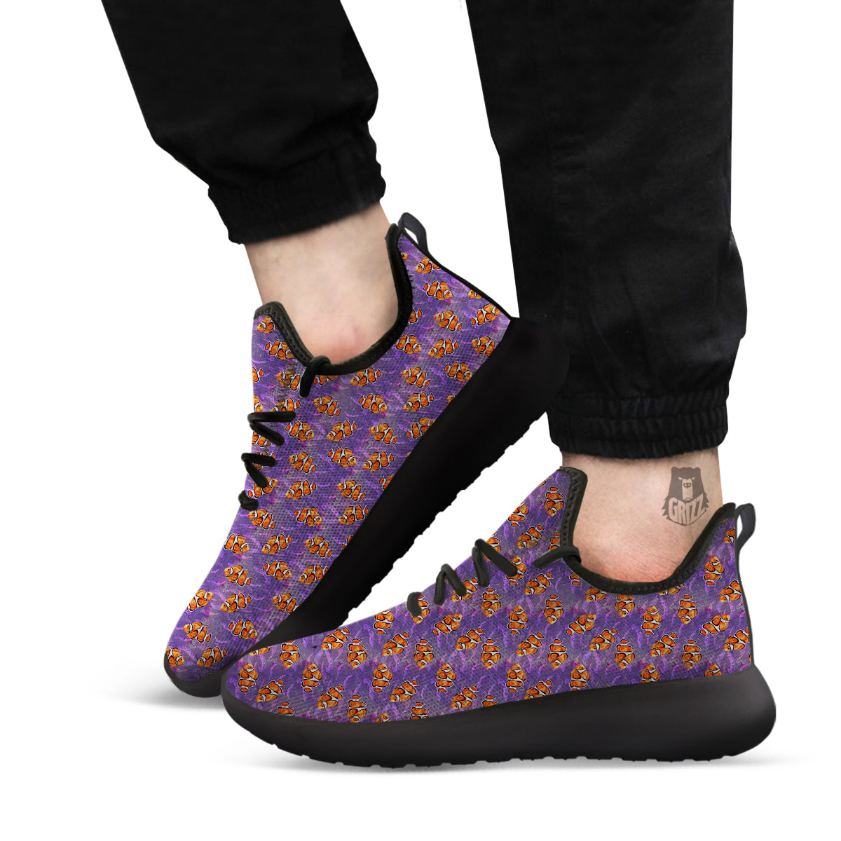 Clownfish Watercolor Purple Print Pattern Black Athletic Shoes-grizzshop